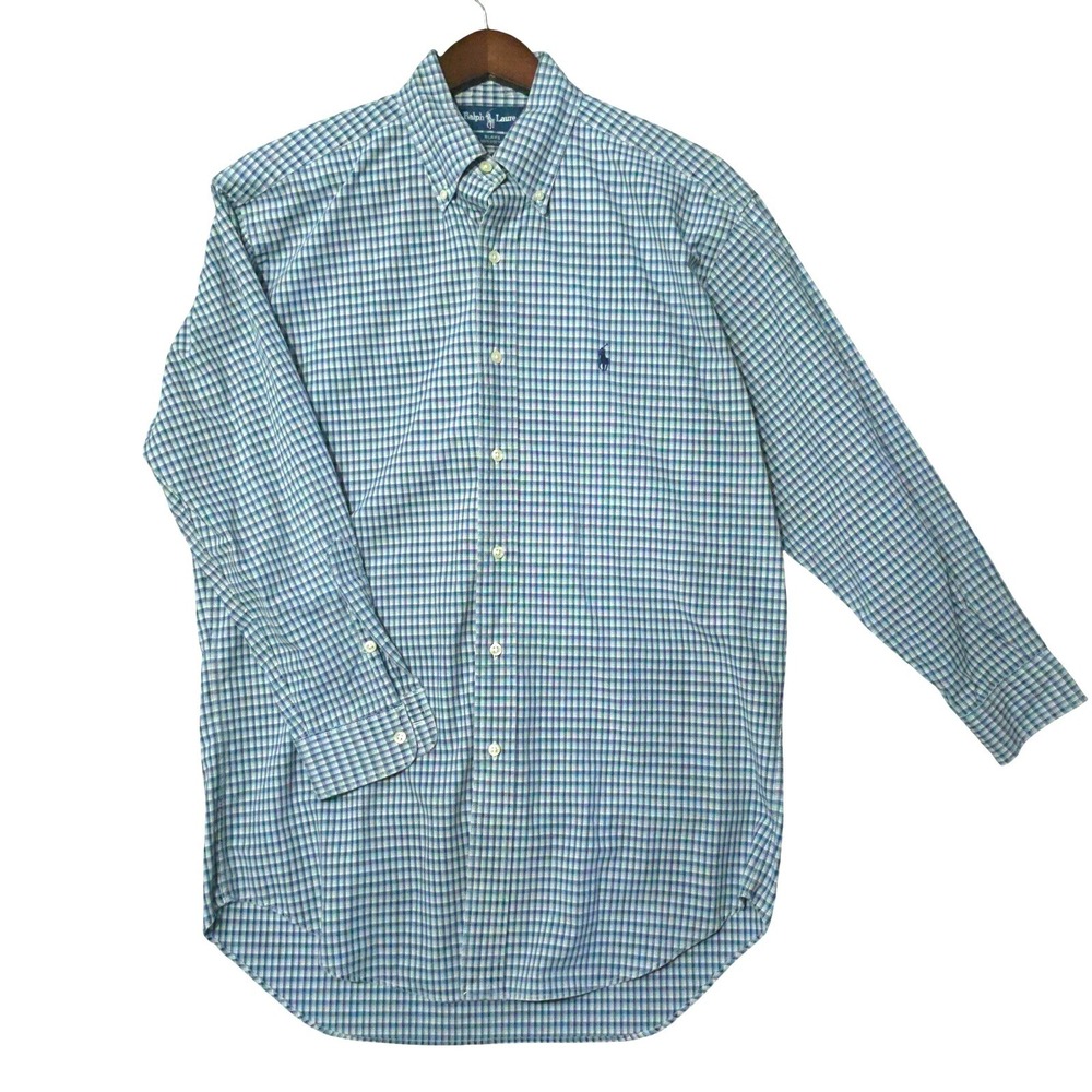 Vintage Ralph Lauren Blake Mens Small Blue Plaid Cotton Button Down Shirt